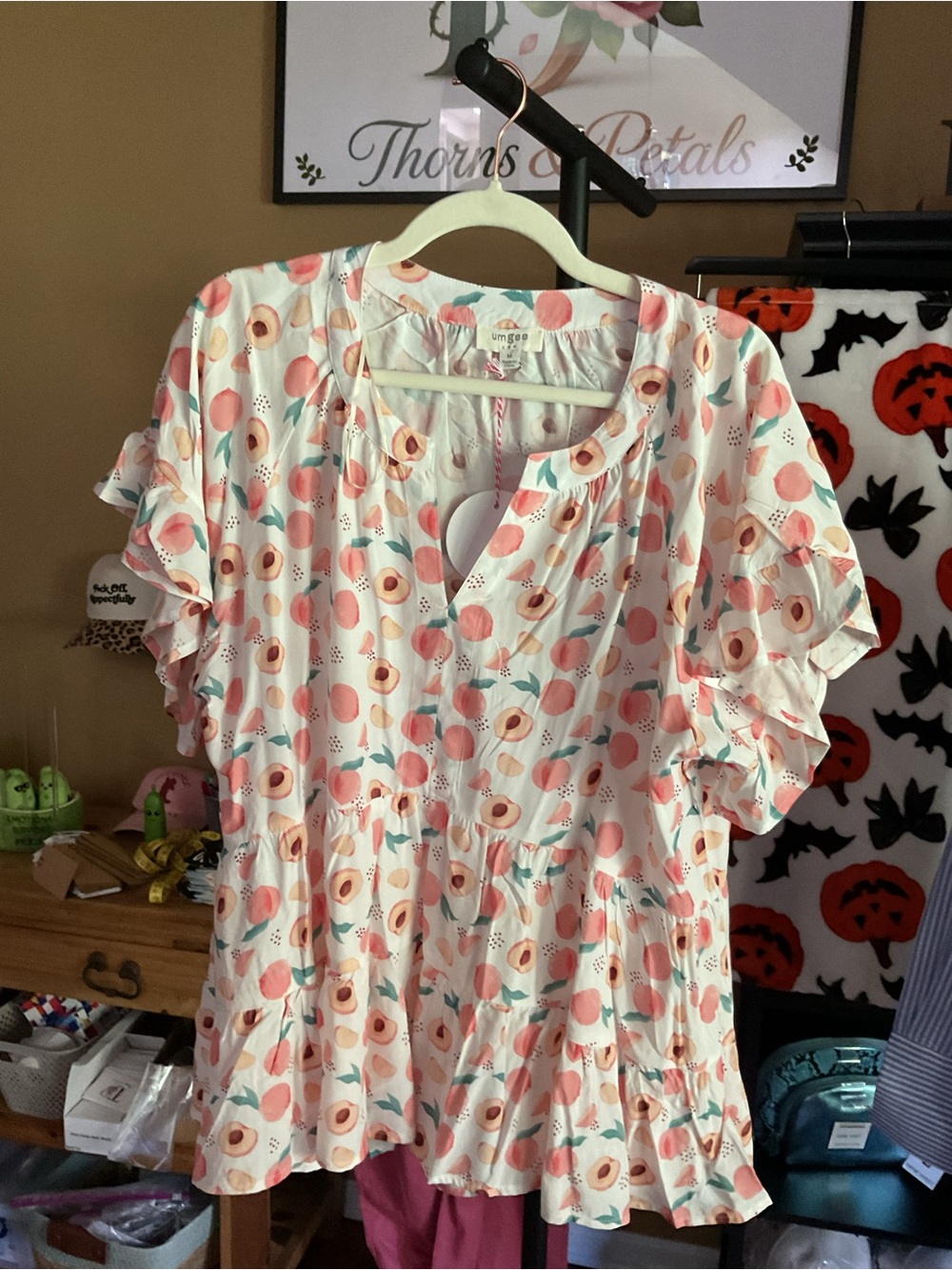 Umgee Pink Peach Print Ruffle Sleeve Peplum Top